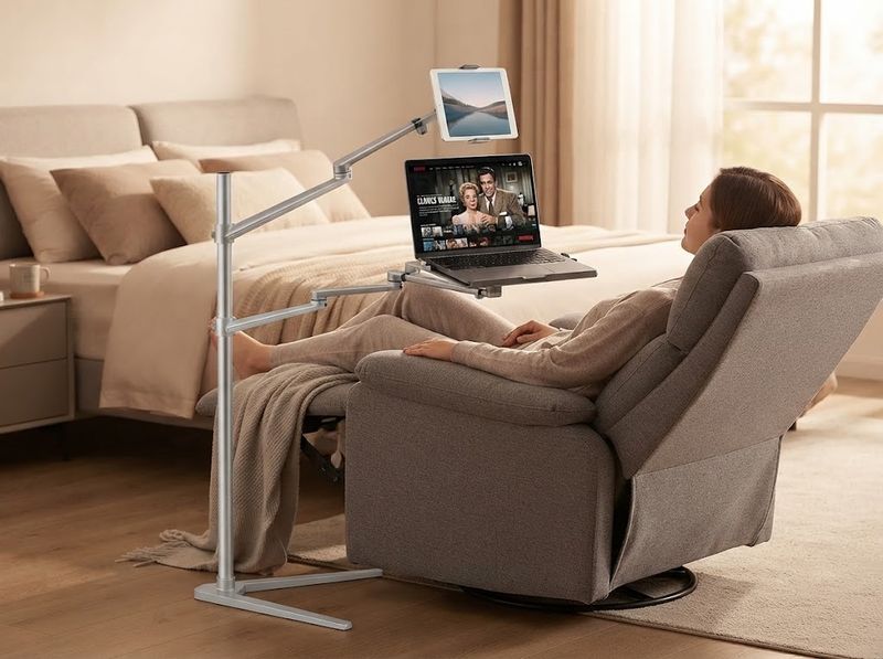 Cable channel running down an aluminum stand pole