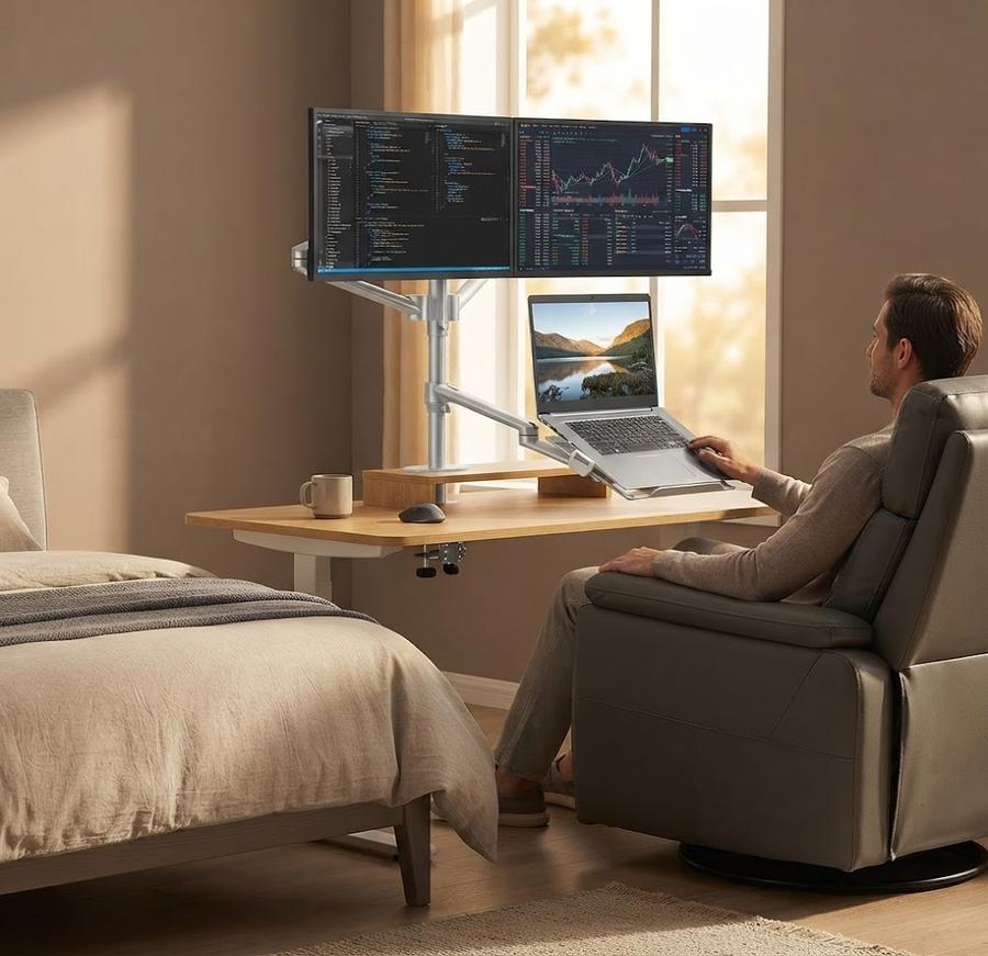 MagicHold 3-in-1 Dual Monitor and Laptop Desk Mount in use