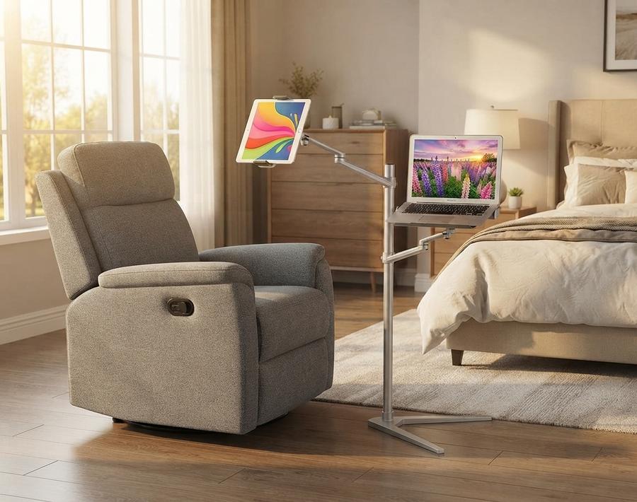 MagicHold 3-in-1 Rotating Laptop and Tablet Floor Stand in use